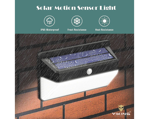 Solární pohybové čidlo pro montáž na stěnu s pečetěmi IP65 Vodotěsnost, Mrazuvzdornost a Tepelná odolnost. Logo Viking Technology.