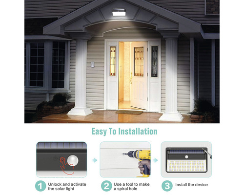 Fasáda domu se solárním světlem nad vchodovými dveřmi a návod k instalaci.