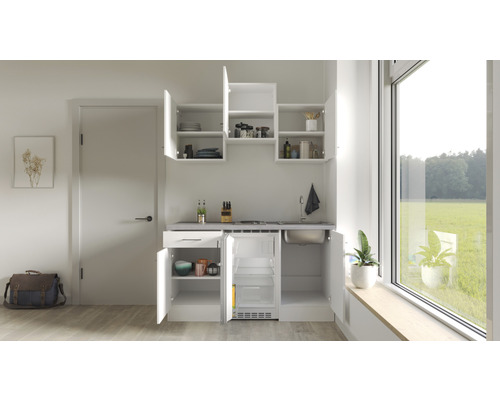 Kompaktní kuchyňská linka s dřezem, varnou deskou, lednicí a závěsnými skříňkami ve světlém pokoji.