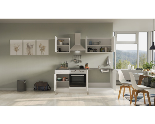 Kompletní kuchyňská linka s dřezem, sporákem a závěsnými skříňkami ve světlé místnosti.