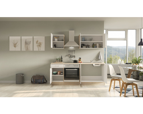 Kuchyňská linka s dřezem, sporákem, digestoří a závěsnými skříňkami ve světlé místnosti.