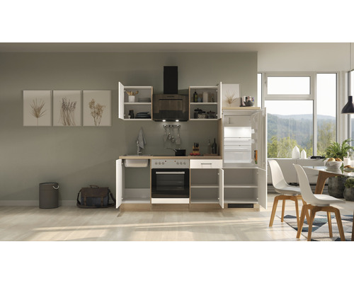 Kompletní kuchyňská linka s dřezem, sporákem, troubou, digestoří a chladničkou pro funkční vybavení kuchyně.