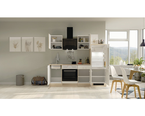 Moderní vestavná kuchyně s elektrickými spotřebiči, dřezem, pracovními deskami a velkým úložným prostorem ve skříních a zásuvkách.