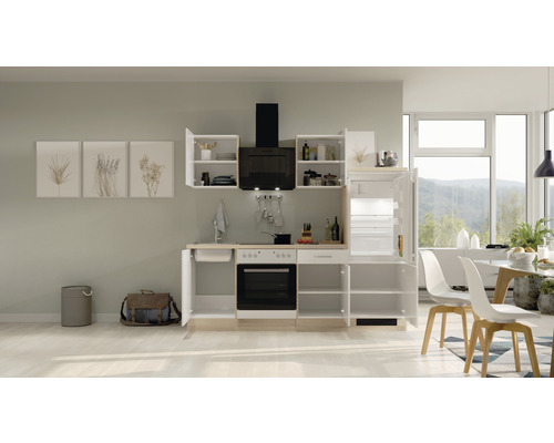 Kompletní kuchyňská linka se spotřebiči, dřezem, sporákem, troubou a digestoří ve světlé místnosti