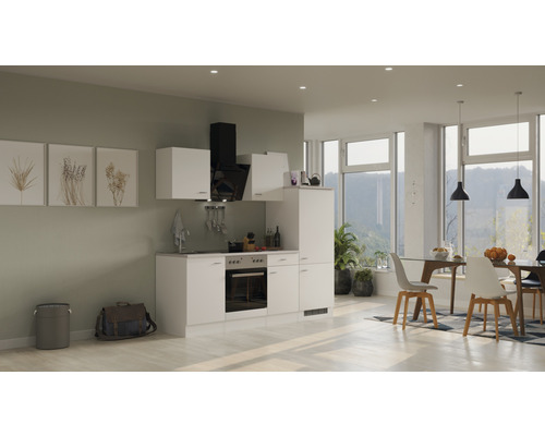 Světlá kuchyně s kuchyňskými skříňkami, digestoří, dřezem a jídelním prostorem