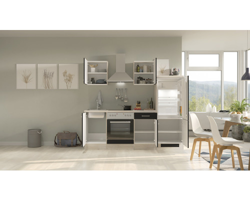 Moderní kuchyně s dřezem, sporákem, digestoří, skříněmi a lednicí ve světlém pokoji.