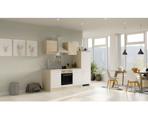 Světlá kuchyně s jídelním koutem, včetně kuchyňských skříněk, dřezu, sporáku a digestoře.