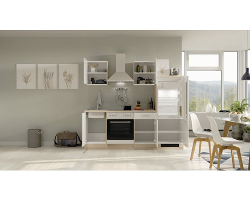 Vestavěná kuchyně s dřezem, sporákem, digestoří a lednicí ve světlé místnosti.