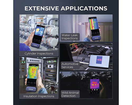 Oblasti použití termokamery: Inspekce válců, hledání úniku vody, údržba motorových vozidel, kontroly izolace a detekce divokých zvířat.