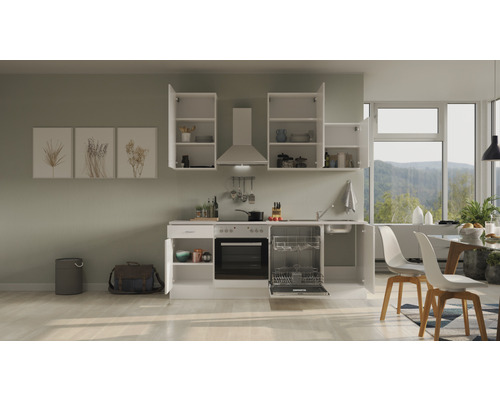 Světlá kuchyně s vestavěnými skříňkami, dřezem, myčkou a elektrickými spotřebiči