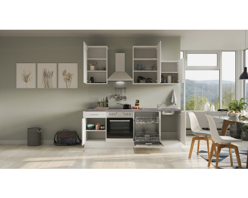 Kompletní kuchyňská linka s vestavěným dřezem, myčkou, troubou a závěsnými skříňkami v světlé, prostorné kuchyni.