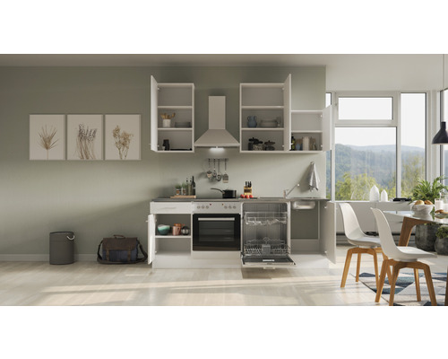 Světlá kuchyň s vestavěnými skříňkami, dřezem, myčkou a jídelním stolem