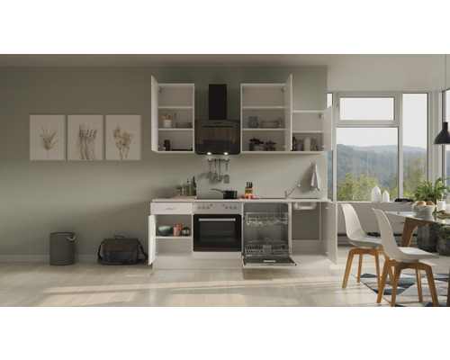 Světlá kuchyně s kuchyňskými skříňkami, digestoří, umyvadlem, myčkou nádobí a elektrickým sporákem