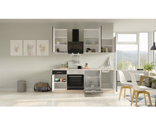 Moderní kuchyně s vestavěnými skříněmi, digestoří, myčkou a jídelním prostorem