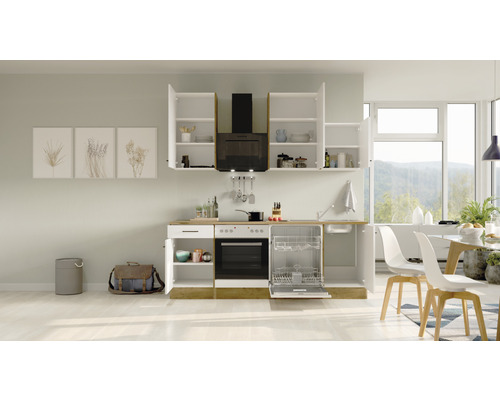 Moderní kuchyně s bílými skříňkami, digestoří a myčkou nádobí ve světlé místnosti.