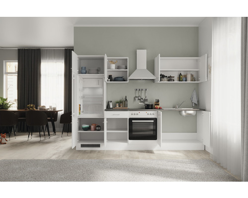 Kompletní kuchyňská linka s elektrospotřebiči, dřezem, horními skříňkami a chladničkou