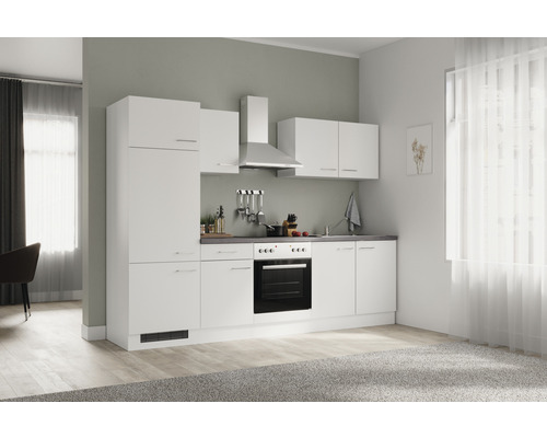 Kompletní kuchyňská linka s dřezem, sporákem, odsavačem par a závěsnými skříňkami ve světlé místnosti