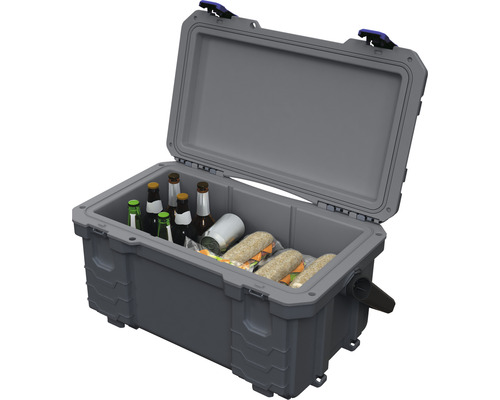 Otevřený šedý chladicí box plný nápojů a svačin