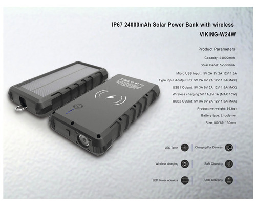 Solární powerbanka s kapacitou 24000 mAh a bezdrátovou funkcí