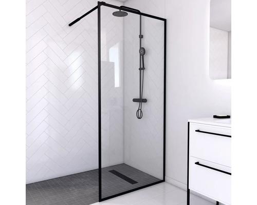 Walk In Aurlane 90 cm barva rámu černá dekor skla čiré sklo FAC215 Walk-in sprchový kout s černým rámem a sprchovým systémem v moderní koupelně