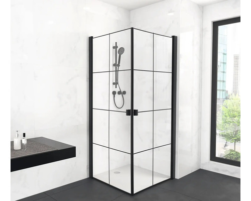 Sprchový kout s rohovým vstupem Aurlane 90 x 90 cm barva rámu černá dekor skla průmyslový design FAC880