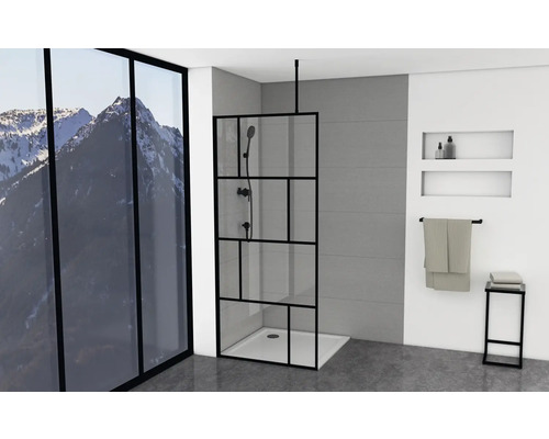 Walk In Aurlane 90 cm barva rámu černá dekor skla čiré sklo FAC586o Moderní koupelna s sprchovou zástěnou, sprchou a příslušenstvím