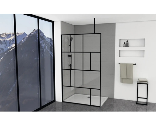 Walk In Aurlane 120 cm barva rámu černá dekor skla průmyslový design FAC588o Moderní koupelna se skleněným sprchovým koutem a černým rámem