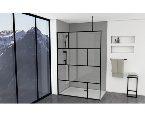Walk In Aurlane 140 cm barva rámu černá dekor skla průmyslový design FAC589o Koupelna s sprchovým koutem v industriálním designu, sprchovou armaturou a úložným prostorem