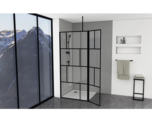 Walk In Aurlane 90 cm barva rámu černá dekor skla průmyslový design FAC590o Koupelna se sprchovým koutem v industriálním designu, držák na ručníky a okno s výhledem na hory