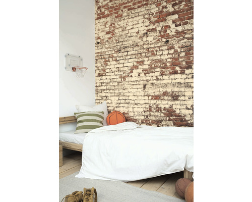 Pokoj s postelí u cihlové zdi a basketbalovým košem na zdi