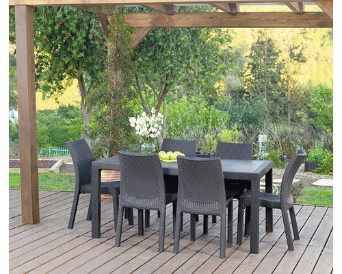 Zahradní nábytek se stolem a šesti židlemi na dřevěné terase pod pergolou