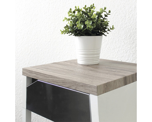 Malý stolek s dřevěnou deskou a rostlinou v květináči