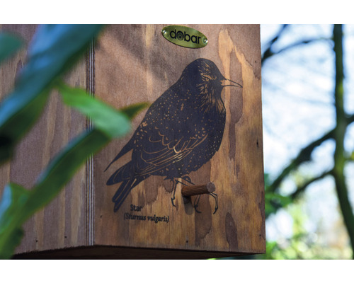 Ptačí budka s ilustrací špačka a logem Dobar