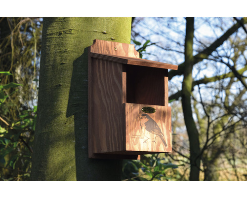 Dřevěná budka s ilustrací červenky obecné připevněná ke stromu