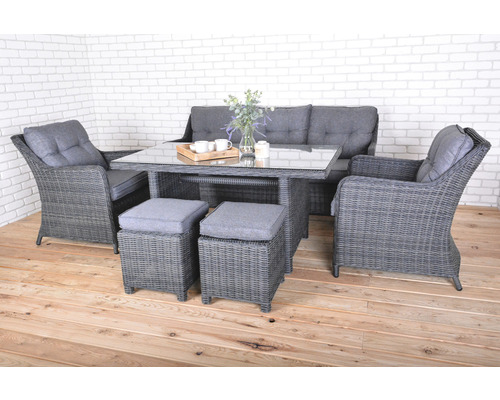 Zahradní nábytek se sedačkou, dvěma křesly, dvěma stoličkami a stolem se skleněnou deskou