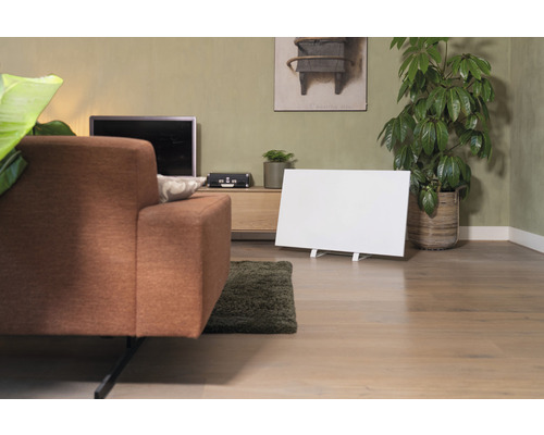 Obývací pokoj s pohovkou, televizí, pokojovými rostlinami a panelovým topením