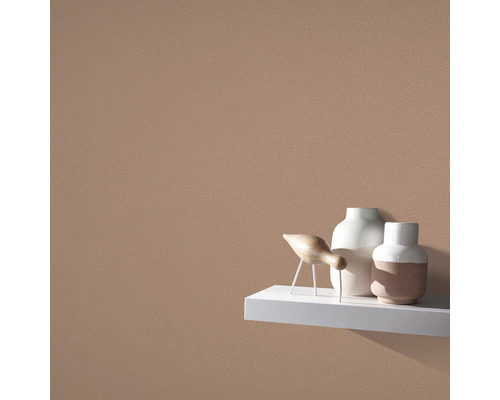 Detail stěny s hrubou omítkou a dekorativními předměty na polici