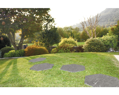 Šestihranné nášlapné kameny z kamene v zahradní cestě