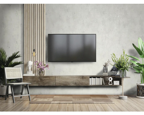 Obývací pokoj s televizí, nízkou skříňkou, židlí a pokojovými rostlinami pro útulnou atmosféru