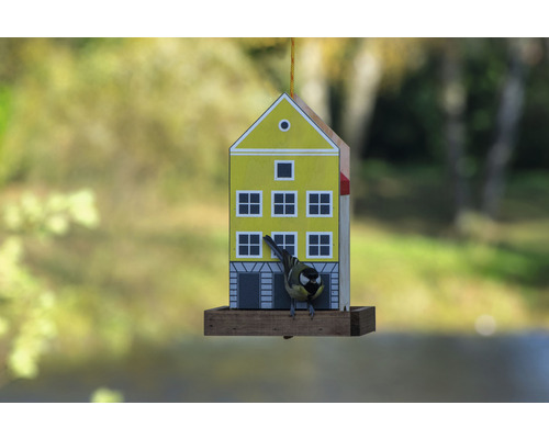 Ptačí budka v designu domu s sýkorou koňadrou