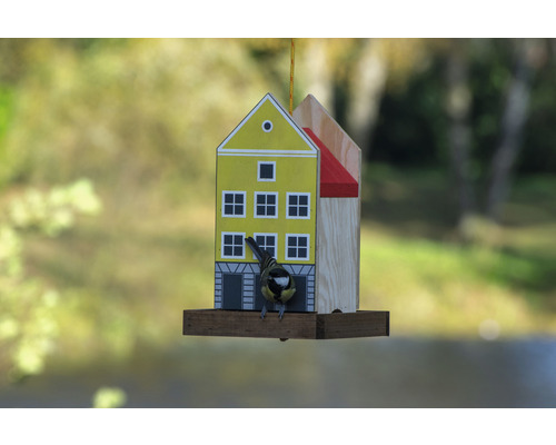 Krmítko pro ptáky v designu domu s ptákem