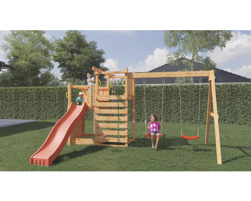 Dětské hřiště se skluzavkou, lezeckou stěnou a houpačkou na zahradě