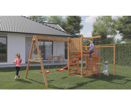 Dřevěné hřiště s houpačkou, skluzavkou a prolézačkou na zahradě