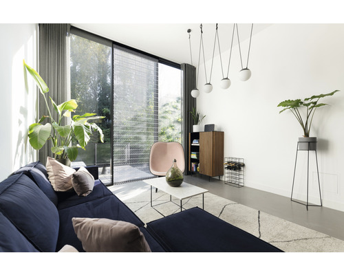 Obývací pokoj s pohovkou, kobercem, příručním stolkem, skříní, židlí a pokojovými rostlinami ve světlém designu