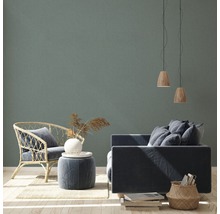 Obývací pokoj s ratanovým křeslem, modrým křeslem, stoličkou a závěsnými svítidly