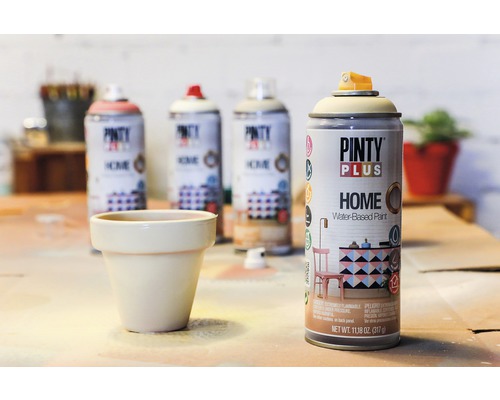 Sprejová barva Pinty Plus Home vedle květináče