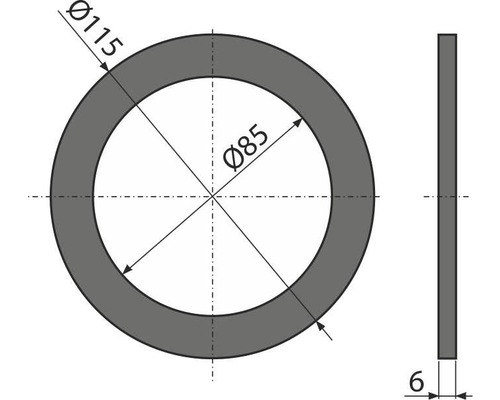Technický výkres podložky s rozměry 115 mm vnější průměr, 85 mm vnitřní průměr a 6 mm tloušťka.