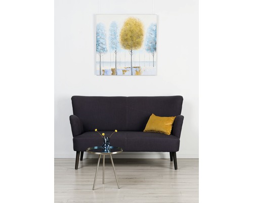 Obývací pokoj s tmavě modrou pohovkou, konferenčním stolkem s květinami a zarámovaným obrazem na stěně