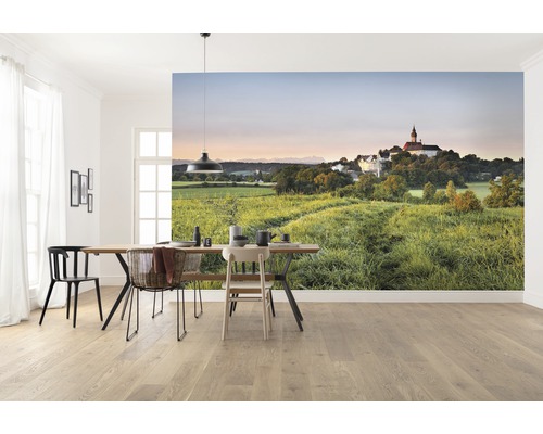 Světlá jídelna s fototapetou zobrazující zelenou krajinu a budovu.