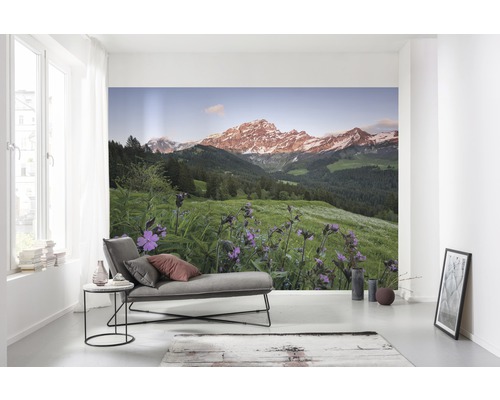 Obývací pokoj s fototapetou horské krajiny a květinové louky